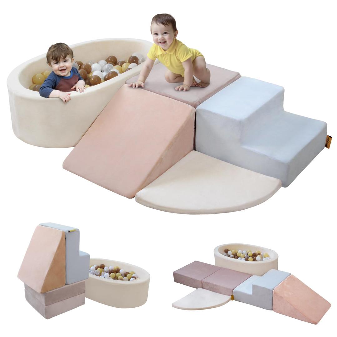 BanaSuper 6PC Kids Foam Climbing Blocks Playset with Ball Pit, Gray Brown