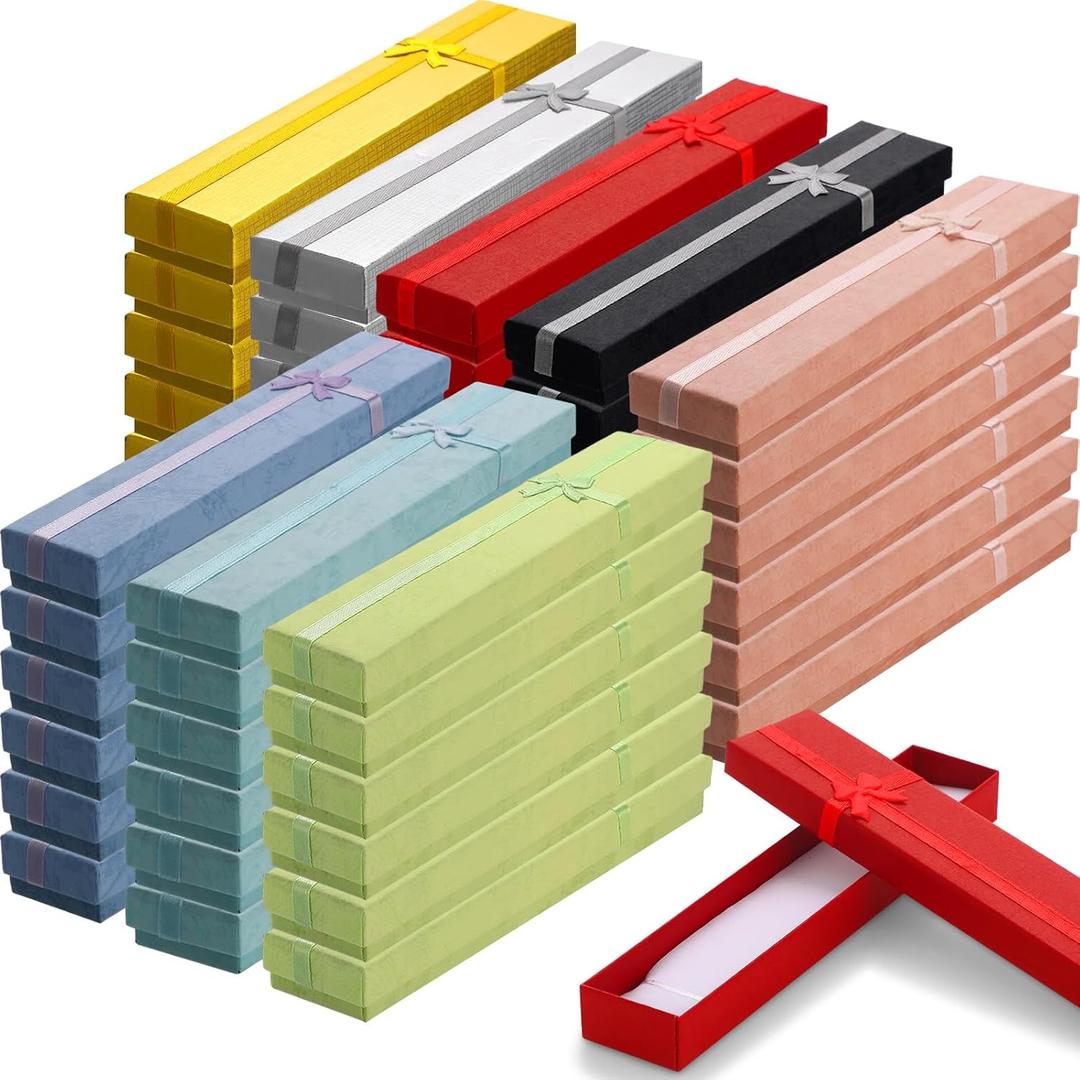 Tondiamo 64 Pcs Necklace Gift Box Bulk with Bow Cotton Filled Cardboard Jewelry Boxes for Watch Bracelet Box Gift Cases for Christmas Anniversary Birthday Jewelry Display, 1.6 x 7.9 x 0.9 in