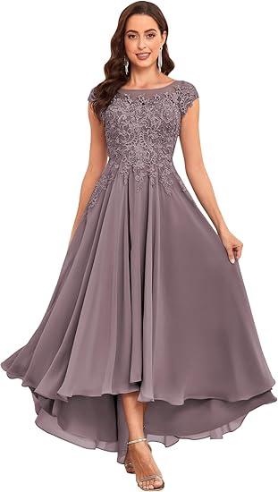 Tea Length Mother of The Bride Dresses for Women Wedding Cap Sleeves Lace Foral Formal Dress with Pockets Size XL