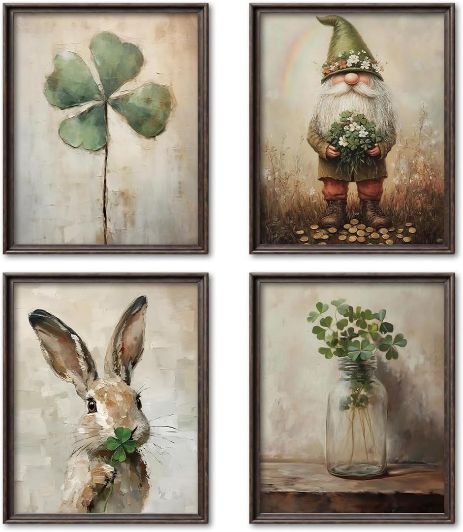 NaZaUK Vintage St Patrick's Day Green Shamrock Wall Art Prints, Lucky Rabbit Dwarf Artwork for Office Home Kitchen Bedroom Bathroom Living Room, Irish Blessing Gift, 8x10 Inches