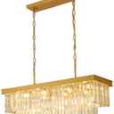 Weesalife Gold Crystal Chandeliers for Dining Room，11-Lights L33.5 Inch
Modern Rectangle Chandeliers for Dining Room Light Fixtures Over Table,Kitchen Island Bar，Adjustable Height ，E12 Base