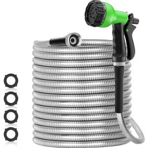 100ft 304 Stainless Steel Garden Hose Metal, Heavy Duty Water Pipe with Nozzles for Yard, Outdoor - Flexible, Never Kink & Tangle, Puncture Resistant (Sliver)