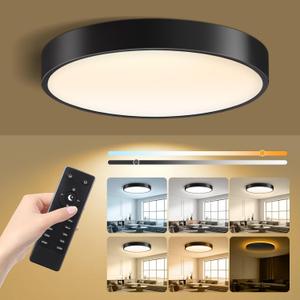 15 Inch Flush Mount Ceiling Light with Remote Control & Night Light, 5CCT Dimmable Ceiling Light Fixture, 35W 3500LM 2700K-6500K Adjustable LED Ceiling Lights for Bedroom Kitchen, Black