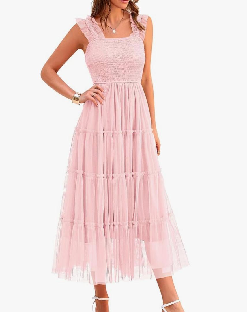 PRETTYGARDEN Women's Summer Tulle Midi Dress Sleeveless Smocked Ruffle Flowy Mesh Dresses Party Wedding Guest Sundress Small