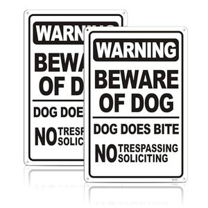2 Pack Beware of Dog Signs, 12x8 Inch Reflective Aluminum "Dog Does Bite" Warning Sign, No Trespassing No Soliciting Metal Sign for Outdoor Yard Fence, Rustproof Waterproof with 4 Pre-Drilled Holes