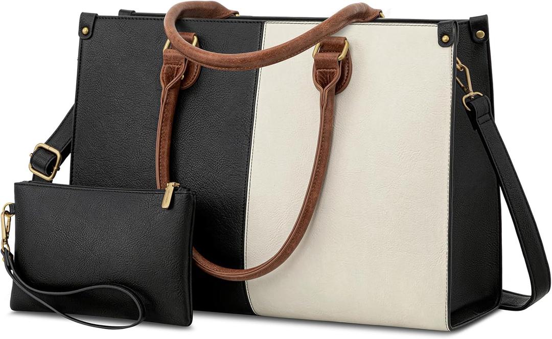 LOVEVOOK Laptop Tote Bag for Women, 15.6 Inch Large Capacity Vintage Leather Work Computer Bag, Business Casual Shoulder Handbag, Black & White & Brown