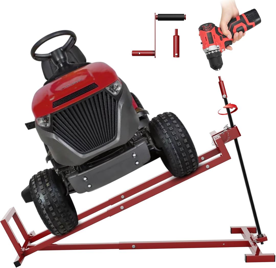Lawn Mower Lift Jack, Telescopic Maintenance Jack for Riding Lawn Mowers, Zero Turn Mowers and Garden Tractors, Foldable Easy Lift with Crank Handle and Power Tool Handle, 880 Lbs Weight Capacity