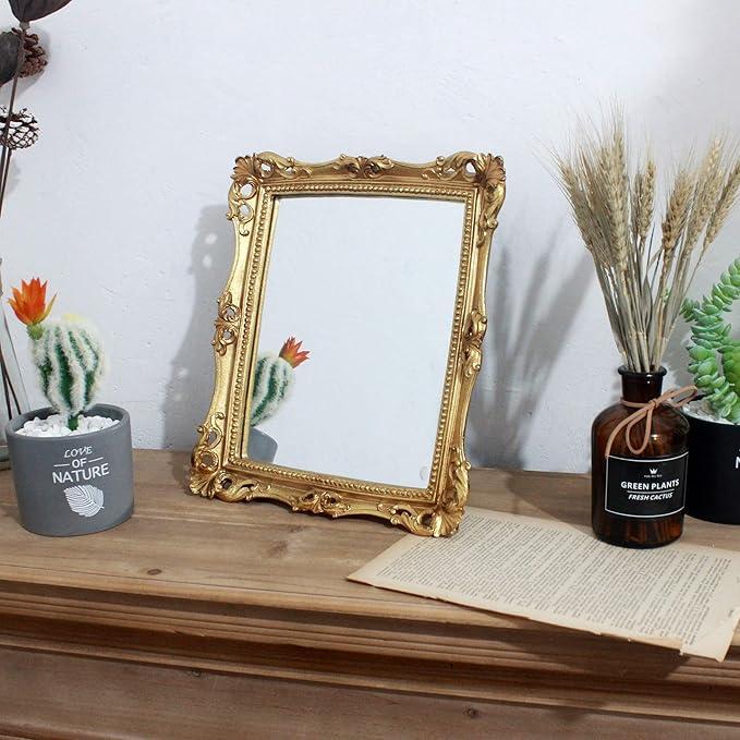 Funerom Vintage 11 x 9.5 inch Decorative Mirror, Wall Mounted & Tabletop Makeup Mirror Square Antique Gold