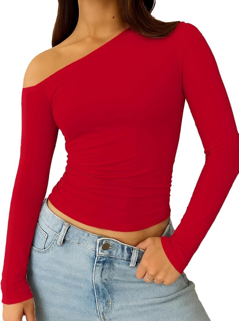 ForeFair Women Sexy Off The Shoulder Long Sleeve Top Y2k Ruched Going Out Tops Cute Slim Fit Fall T-Shirts XS