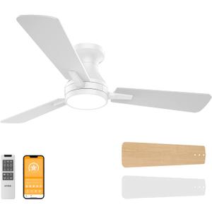 42 Inch Ceiling Fans with Light, Low Profile White Ceiling Fan with Light, Remote Control, Flush Mount, Reversible, 6CCT, Dimmable, Noiseless, Modern Ceiling Fan for Bedroom, Indoor/Outdoor Use