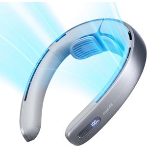 JISULIFE Portable Neck Fan Pro, 100 Speeds Bladeless, Stepless Knob, LED Display, 5000mAh Rechargeable Personal, Mini Hands Free, USB Battery Operated Wearable-Grey