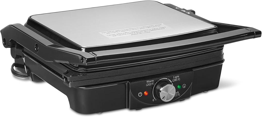 Amazon Basics Panini Press & Electric Indoor Grill with Adjustable Temperature Settings, Non-Stick Ceramic Plates, Black