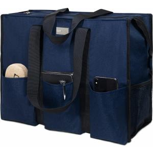 TOPDesign Utility Water Resistant Tote Bag with 13 Pockets, Top Zipper Closure & Thick Bottom Support, for Working Women (Large, Blue)