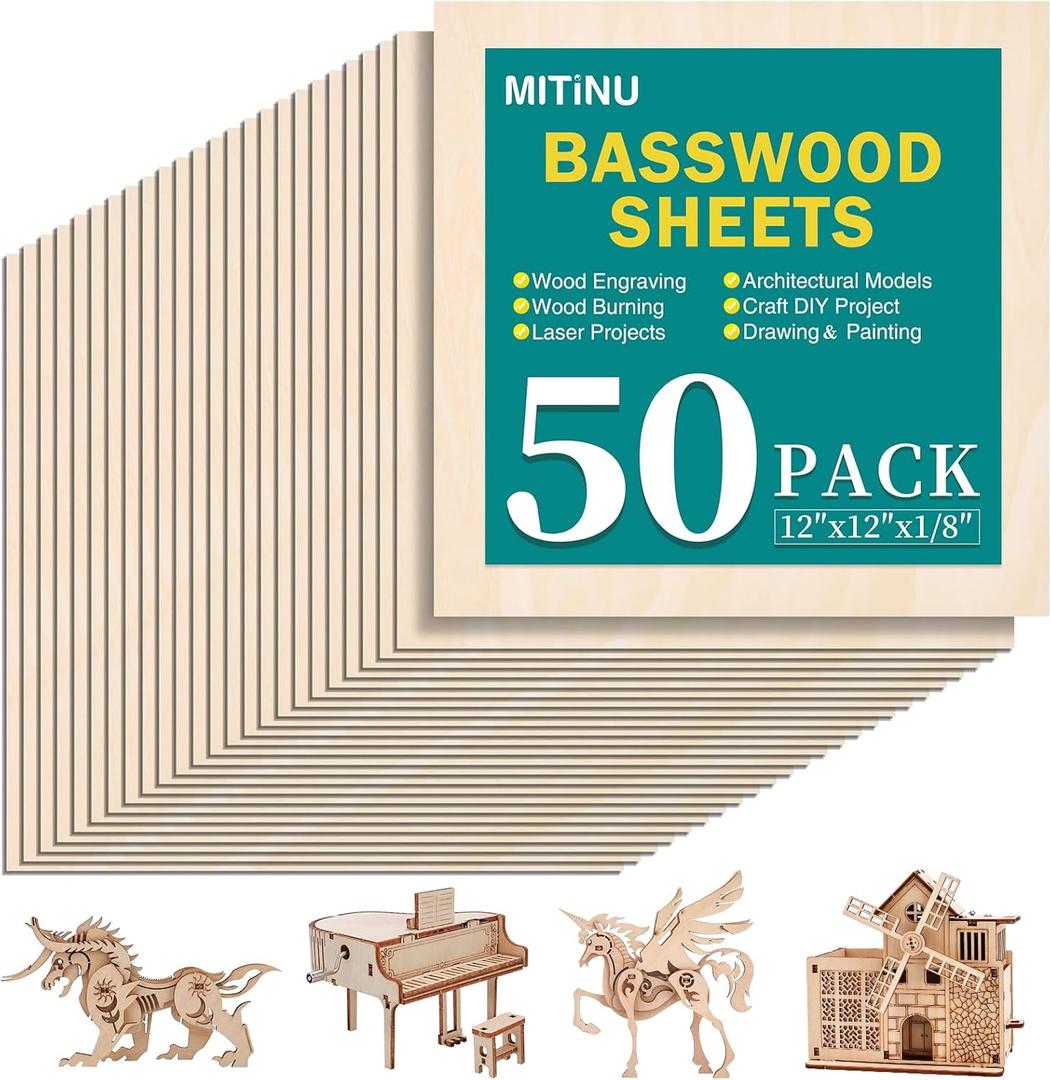 50 Pack Basswood Sheets for Crafts,12"x12"x1/8" 3mm Thick Plywood Sheets with Smooth Surfaces-Unfinished Squares Wood Boards for Laser Cutting, Wood Burning, Architectural Models, Staining