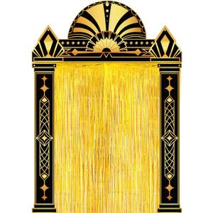 Peryiter 5 Pcs 1920s Party Decorations with Gold Foil Curtain Backdrop Roaring 20's Themed Backdrop Awards Night Party Decor for Vintage Black Gold Art Event for Halloween, New Year, Birthday