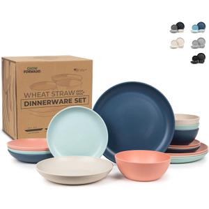 Grow Forward 16-piece Premium Wheat Straw Dinnerware Sets for 4 - Unbreakable Dishwasher & Microwave Safe Plastic Plates and Bowls Sets - Patio, Outdoors, RV, Camping Dishes - Tropical