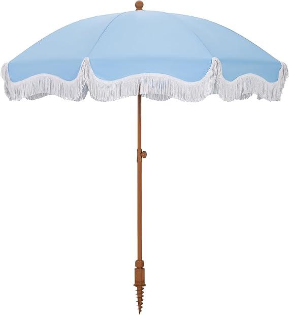 HERA'S PALACE 7ft Heavy Duty Beach Umbrella with Sand Anchor, Fringe Umbrella for Sand, UV 50+, Patio Umbrella with Tilt Pole for Garden Pool Backyard (Sky Blue)