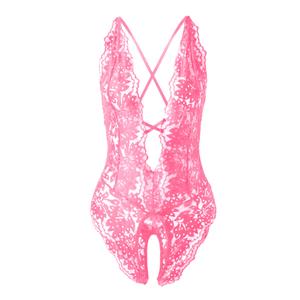 SOLY HUX Women's One Piece Lingerie Sexy Lace Babydoll Deep V Teddy Criss Cross Backless Teddy Mini Bodysuit Hot Pink Smal