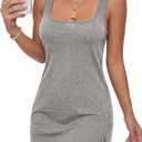 Vrtige Women's Square Neck Sleeveless Slit Tank Nightgown Sleepwear Chemise (Gray, M)