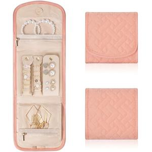LASUK Travel Jewelry Holder Organizer Case, Foldable Jewelry Storage Bag for Necklaces Rings Earrings Bracelets, Small, Pink