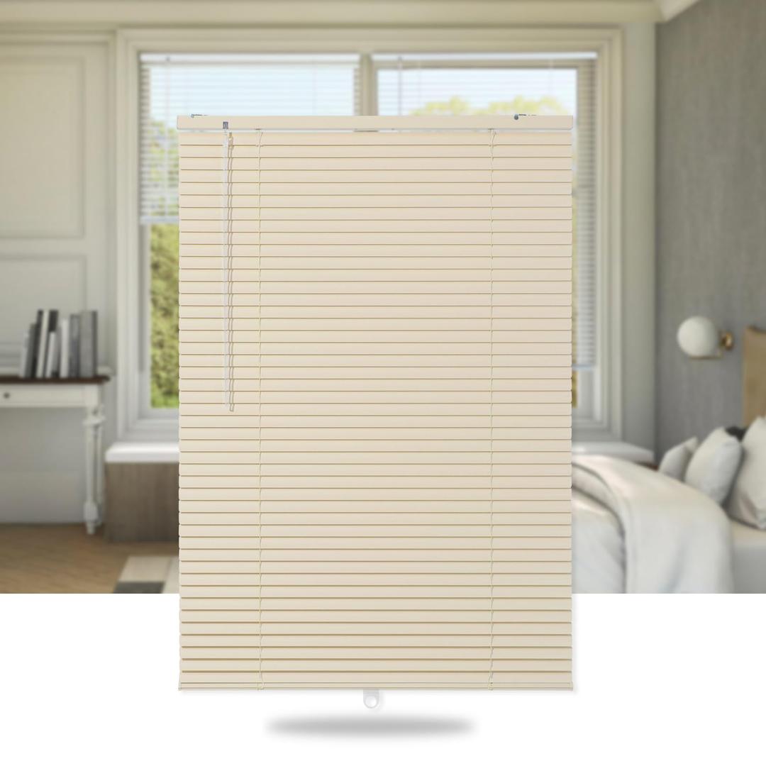 SEEYE Cordless Mini Blinds Aluminum Venetian Blind Horizontal Window Shades, 1" Slat Size - Rooming Darkening Blinds Anti-UV & Waterproof for Bedroom, Office, Easy to Install, 22" W x 64" H, Beige