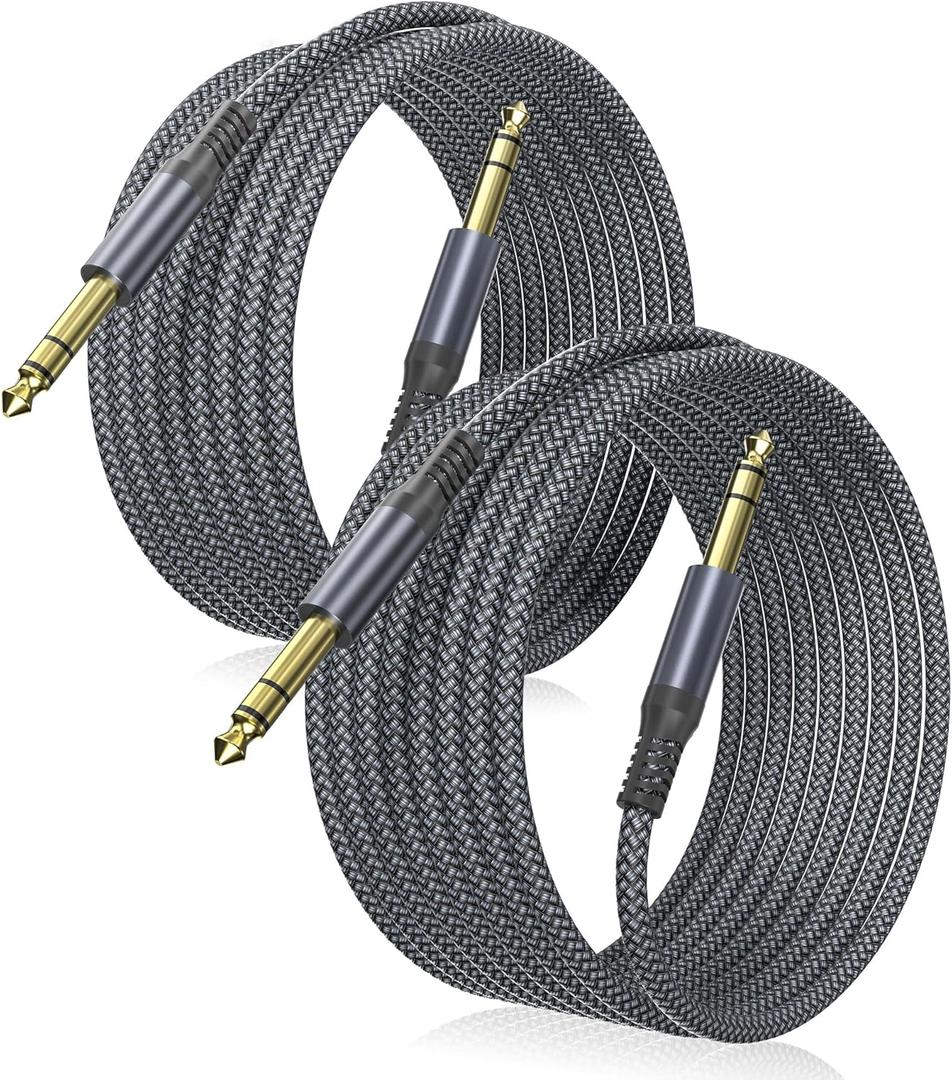 Elebase 1/4 Inch TRS Instrument Cable 30ft 2-Pack,Straight 6.35mm Male Jack Stereo Audio Interconnect Cord,6.35 mm Balanced Line for Electric Guitar,Bass,Keyboard,Mixer,Amplifier,Amp,Speaker,Equalizer (Grey)