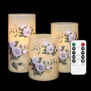 Flameless Candles with Remote & Timer, Love Theme Battery Operated Flickering Glass Rose LED Candles, Bedroom Home Christmas Summer Decor Table Ornament, Set of 3