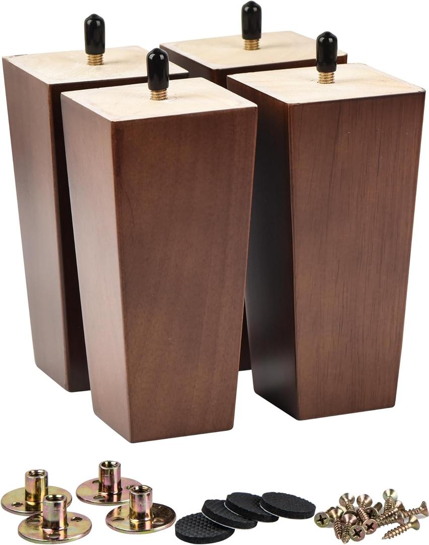 La Vane 12 inch / 30cm Solid Wood Furniture Legs Set of 4, Walnut Square Pyramid Replacement Feet for Couch Sofa Armchair - Mid-Century Modern with Pre-Drilled 5/16 inch Bolt & Metal Mounting Plates