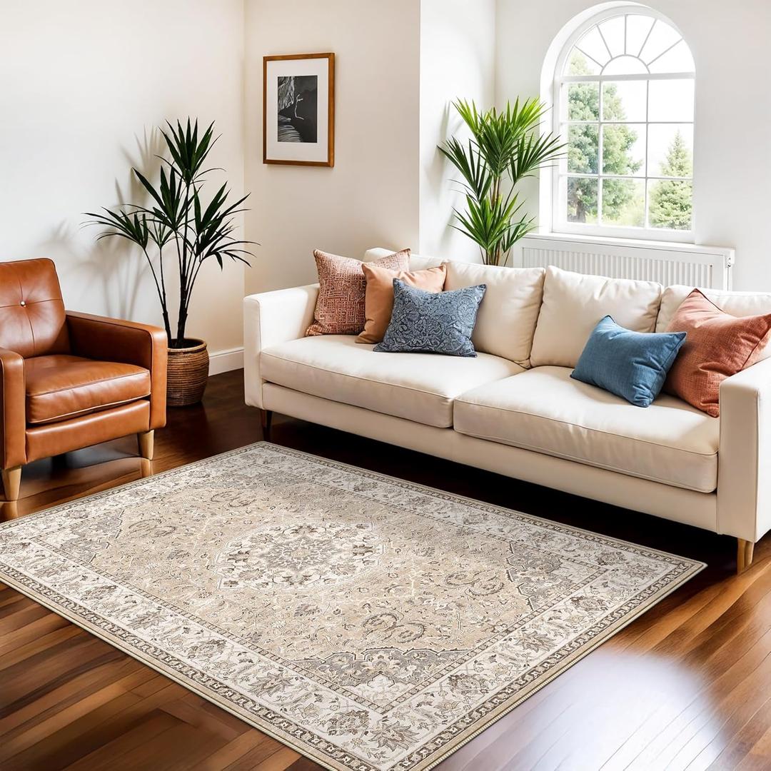 3x5 Living Room Area Rugs: Vintage Washable Non-Slip Rug for Bedroom Dining Room Soft Carpet for Nursery Kitchen Home Office Durable & Easy-Clean Design Perfect for Homes with Cats & Dogs (3x5 Beige)