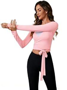 Women's Ballet Wrap Tops V-Neck Long Sleeve Cross Tie for Yoga Pilates Dance Workout Solid-Pink, XS