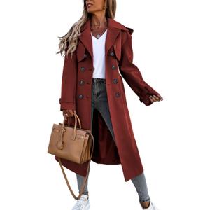 Fisoew Women's Double Breasted Long Trench Coat Windproof Classic Lapel Belted Overcoat with Pockets (Wine Red) S 