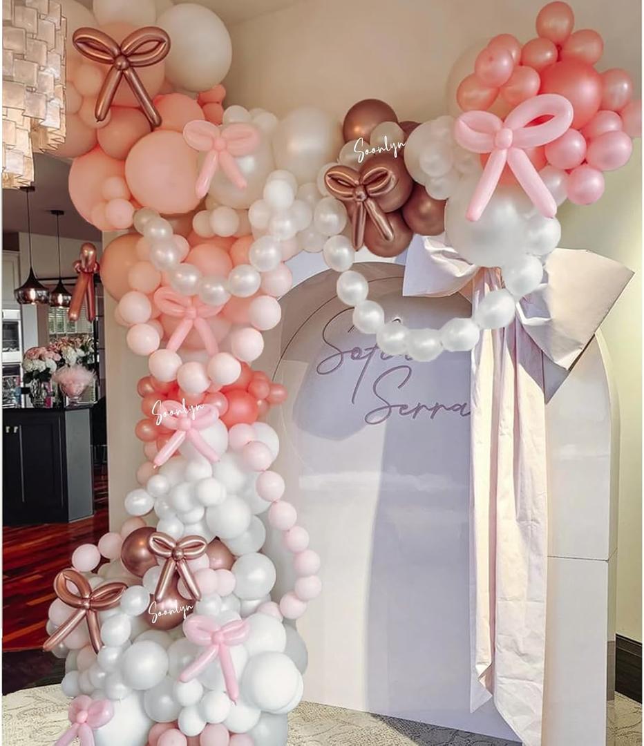 Soonlyn Pink Bow Balloon Arch Kit 13ft 12in, Pink White Balloons for Coquette Birthday Decorations Bow Party Decorations Bachelorette Baby Shower