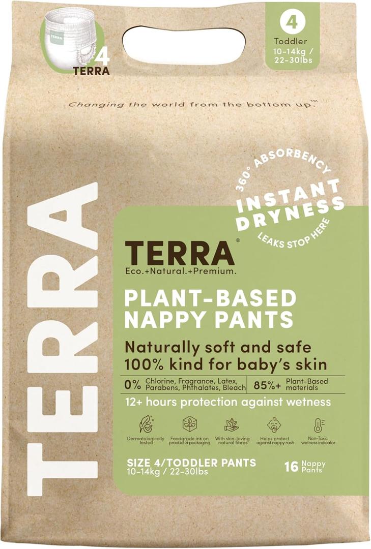 Terra Training Pants Size 4: 85% Plant Based Pull-Up Style Diapers, Ultra-Soft & Chemical-Free for Sensitive Skin, Superior Absorbency, Perfect Overnight Diapers, for Toddlers 22-30 Pounds, 16 Count