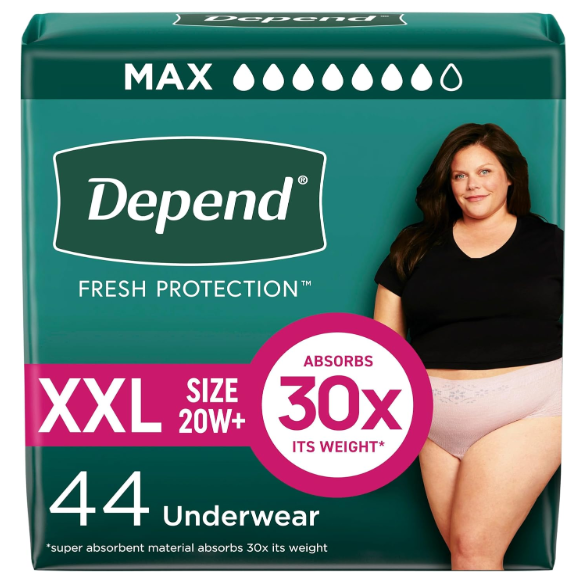 Depend Fresh Protection Adult Diapers, Incontinence & Postpartum Bladder Leak Underwear for Women, Disposable, Maximum, ExtraExtraLarge, Blush, 44 Count (2 Packs of 22)