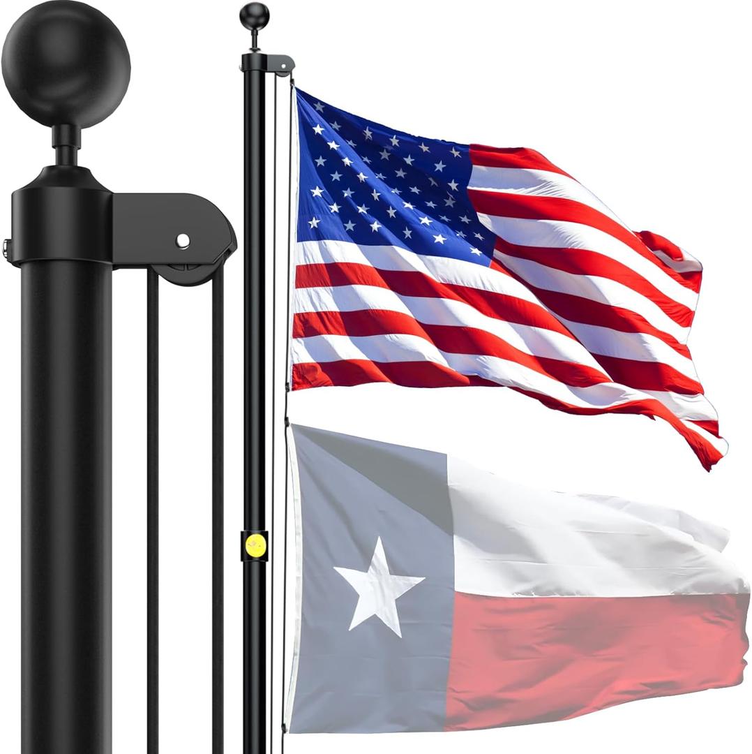 Flag Poles for Outside House in Ground - 20FT Sectional Aluminum Extra Thick Flagpole with Reinforcing Ring, 5x3 US Flag and White Gloves, Heavy Duty Black Flag Poles Kit for Yard or Residential