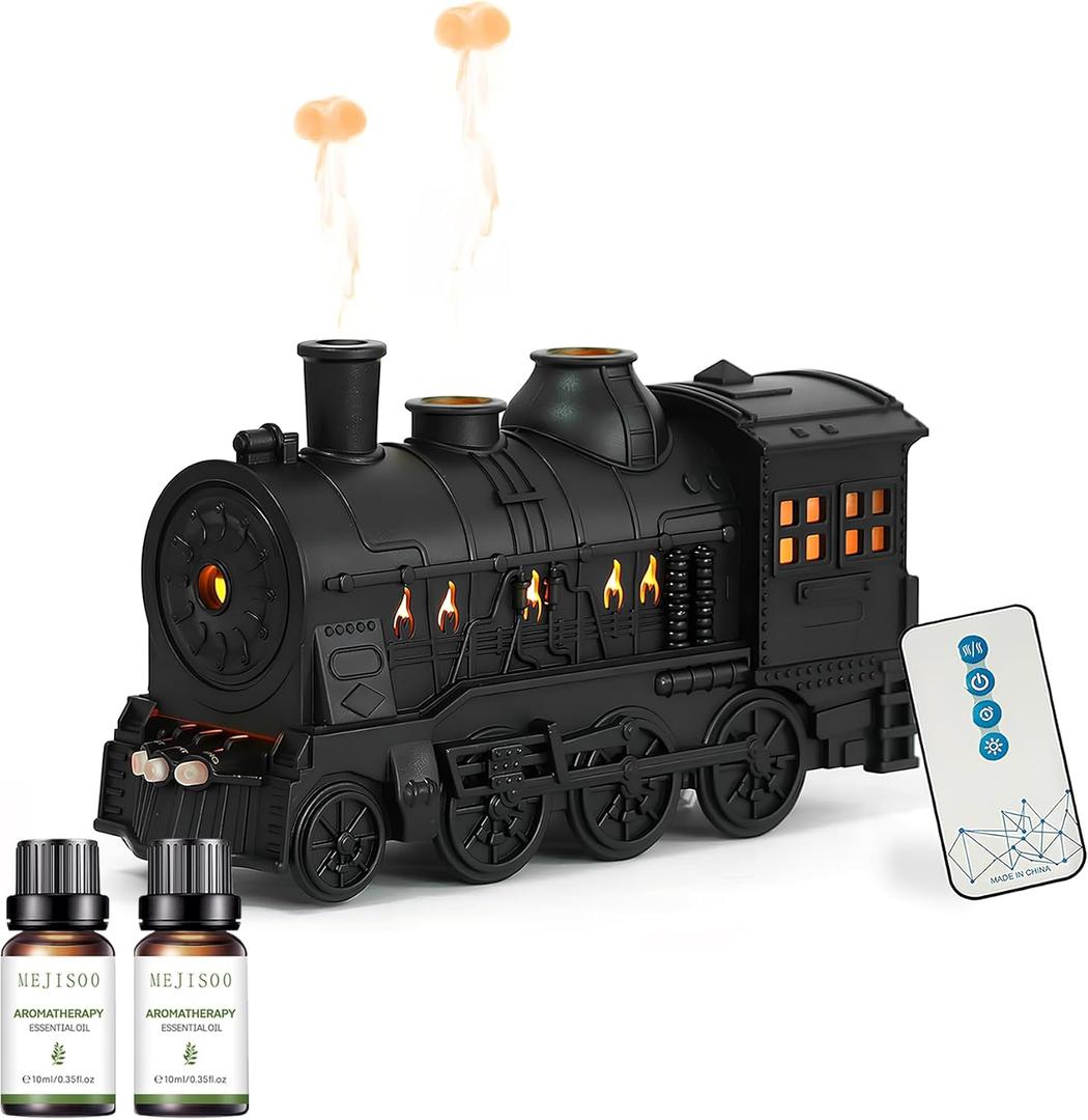 Train Diffuser 300ML Essential Oil Diffuser with 2 Essential Oils, Flame Effect Cool Mist Humidifier, Night LightRetro Train-Shaped Aroma Diffuser for Relaxation, Home Decor & Gifts