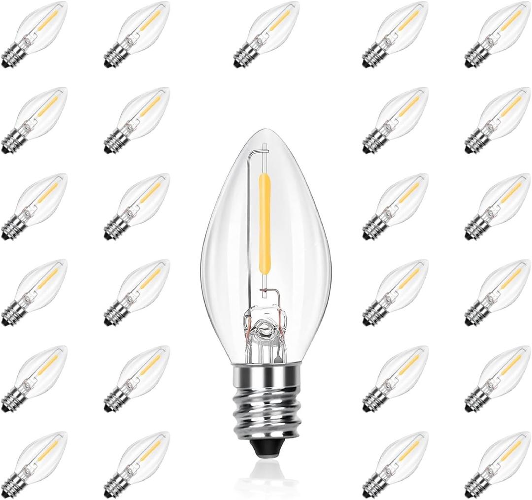 C7 Replacement Bulbs, 25 Pack Clear Warm White LED Christmas Light Bulbs, E12 Candelabra Base, Commercial Grade for Outdoor Halloween String Lights, Holiday Party Dcor