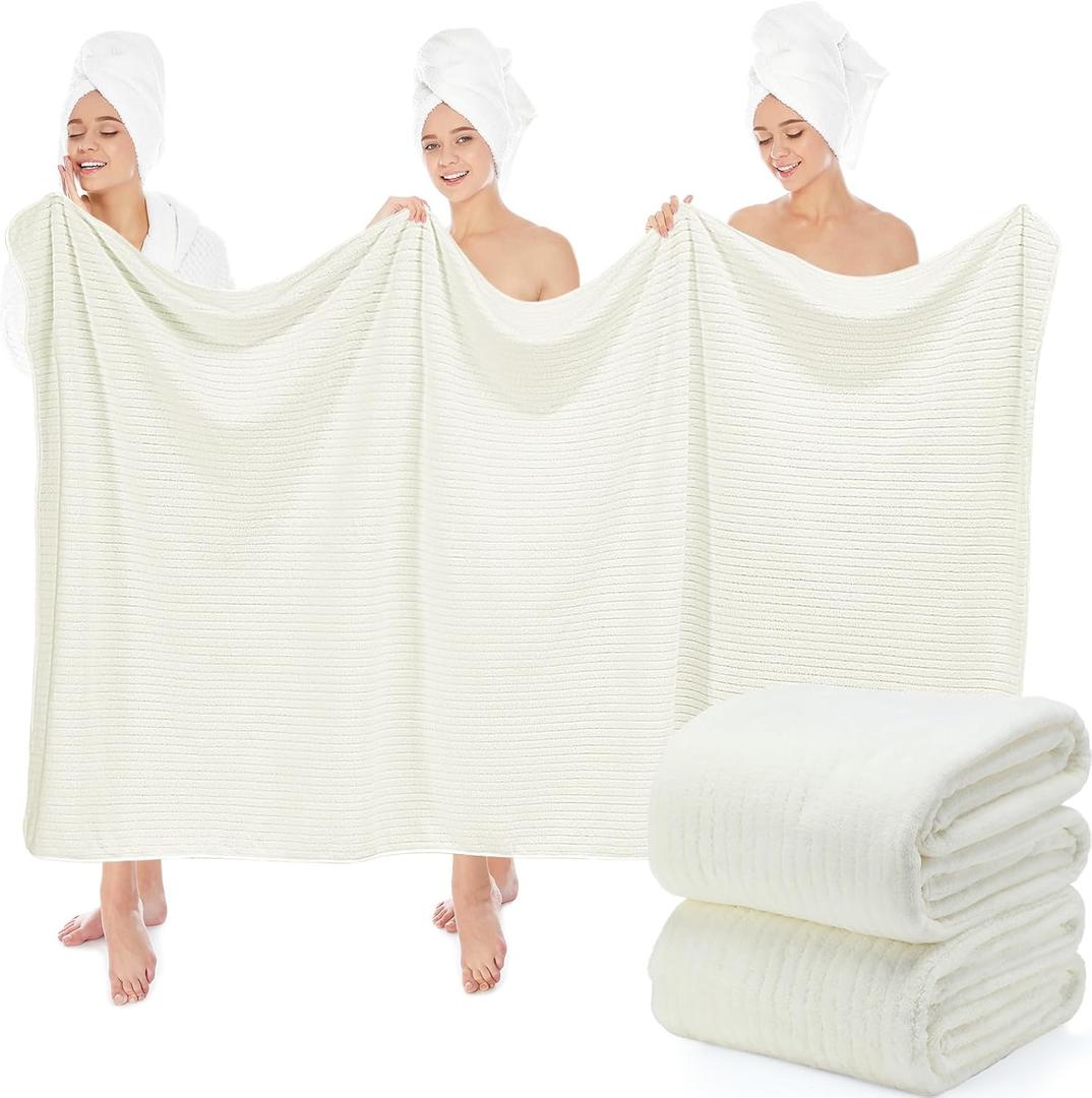 SmoothNovelty 2 Pcs Extra Large Bath Sheets 40 x 80in Oversized Jumbo Bathroom Towel Giant XXL Coral Fleece Beach Sheets Soft Quick Dry Absorbent with Hanging Loop (Cream)