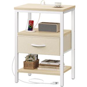SUPERJARE Nightstand with Charging Station, Bed Side Table with Adjustable Fabric Drawer, Night Stand for Bedroom, 3-Tier Storage End Table, for Living Room, White Maple (M (11.8"D x 15.7"W x 23.4"H))