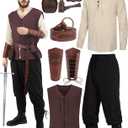 Oumbivil 9 Pcs Mens Renaissance Costumes Medieval Pirate Set Adult Halloween Costume Shirt Viking Vest Pants with Accessories (Small, Coffee)