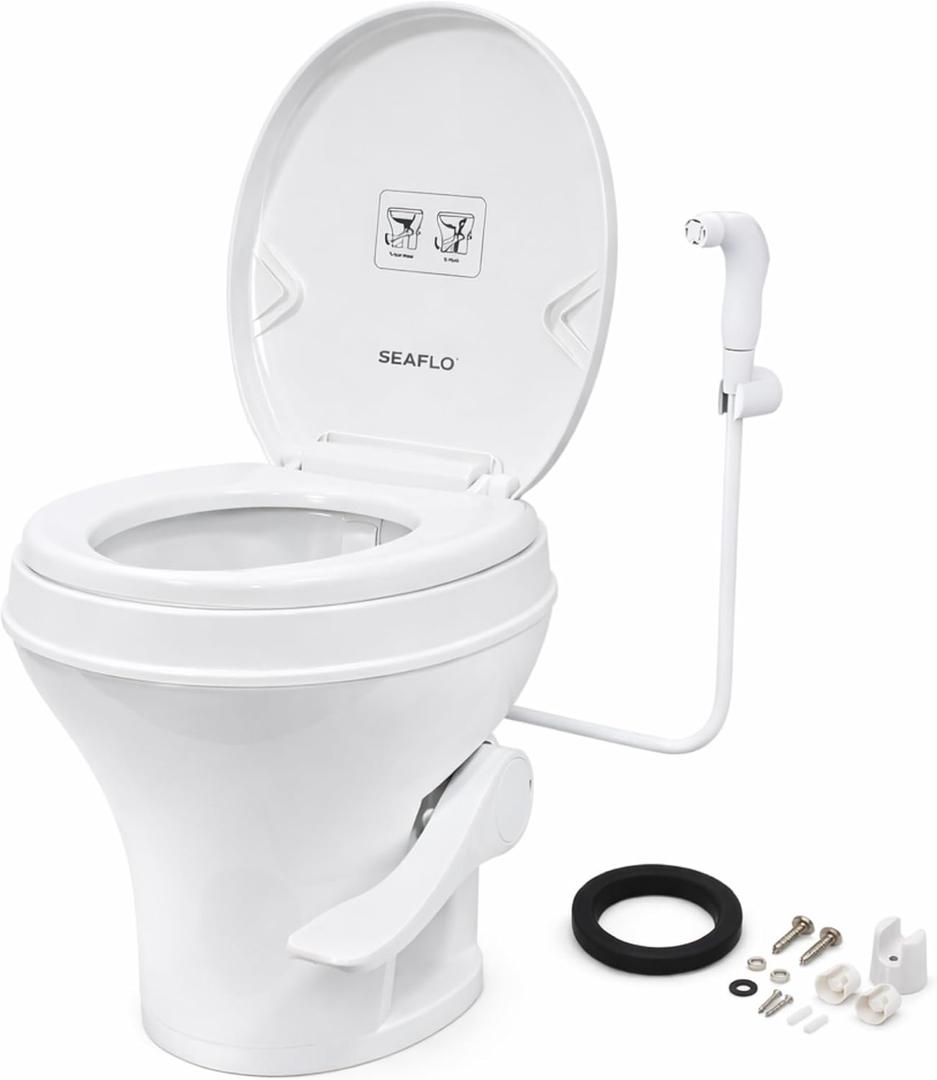 SEAFLO RV Toilet with Sprayer Attachment - White, 18.4 Residential Height, Gravity Flush Foot Pedal Camper Toilet Soft Close Seat Elongated Bowl Motorhome,SFRTPH-01-02