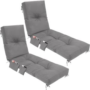2 Pcs Outdoor Chaise Lounge Cushions with 3 Side Pocket 76x22x6 Inch Waterproof Long Deck Reclining Chair Cushions Fade Resistant Replacement Cushion for Furniture Lawn Pool (Light Gray,Solid Color)