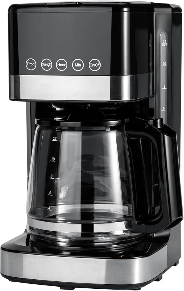 Basics Programmable 12 Cup Drip Coffee Maker with Glass Coffee Pot (1.9 Qt), Auto Shutoff, Touch Screen, Auto Pause, Removable Filter Basket, Black & Silver