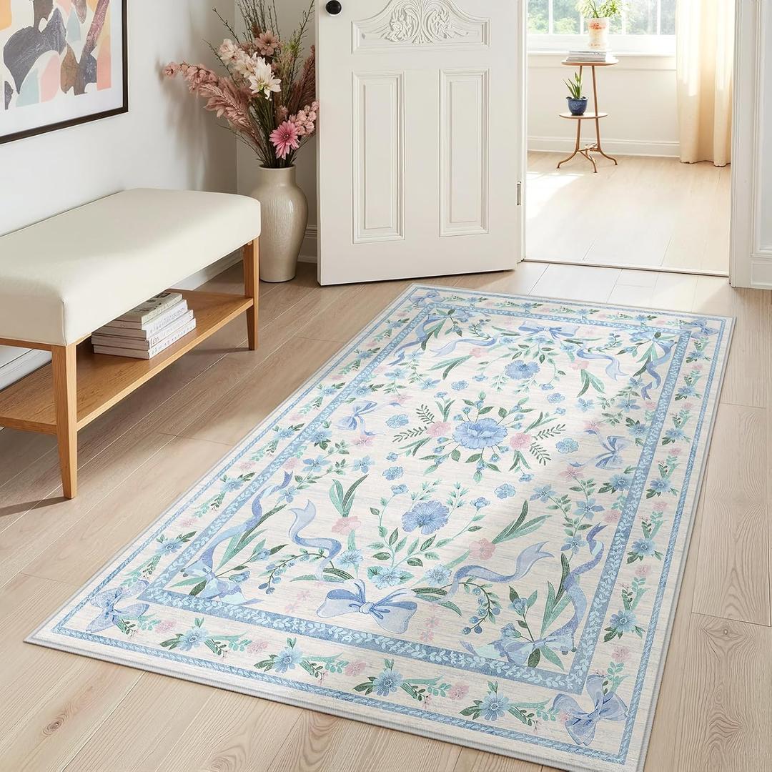 Blue Floral Rug 3x5 for Girls Bedroom or Nursery, Cute Bow Washable Area Rug, Ultra-Thin Non Slip Carpet for Kids Room, Dorm or Playroo