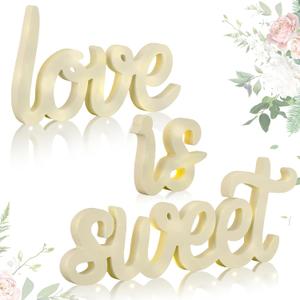 3 Pcs Love Is Sweet Table Decor Wooden Love Is Sweet Sign LED Hollow Sign for Dessert Freestanding Letter Shelf Rustic Wedding Bridal Shower Engagement Bachelorette Party Decor(Beige)