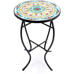 VONLUCE 21" Mosaic Plant Stand, 14 Inch Round Side Table with Ceramic Tile Top, Indoor and Outdoor Accent Table, Outdoor Patio Furniture, End Table for Garden Patio Living Room More, Floral, Steel, Ceramic Tile