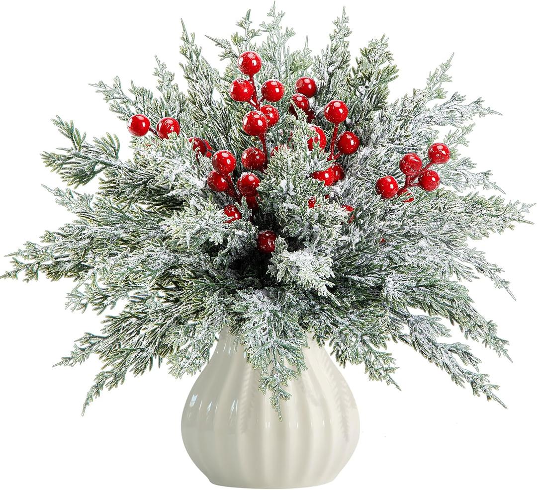 60 Pcs Artificial Christmas Snow Pine Branches with Red Berry Stems, Snowy Faux Greenery Norfolk Pine Cypress Leaves Stems, Berries White Frosted Fake Foliage Pine Needle Picks for Garland Home Decor