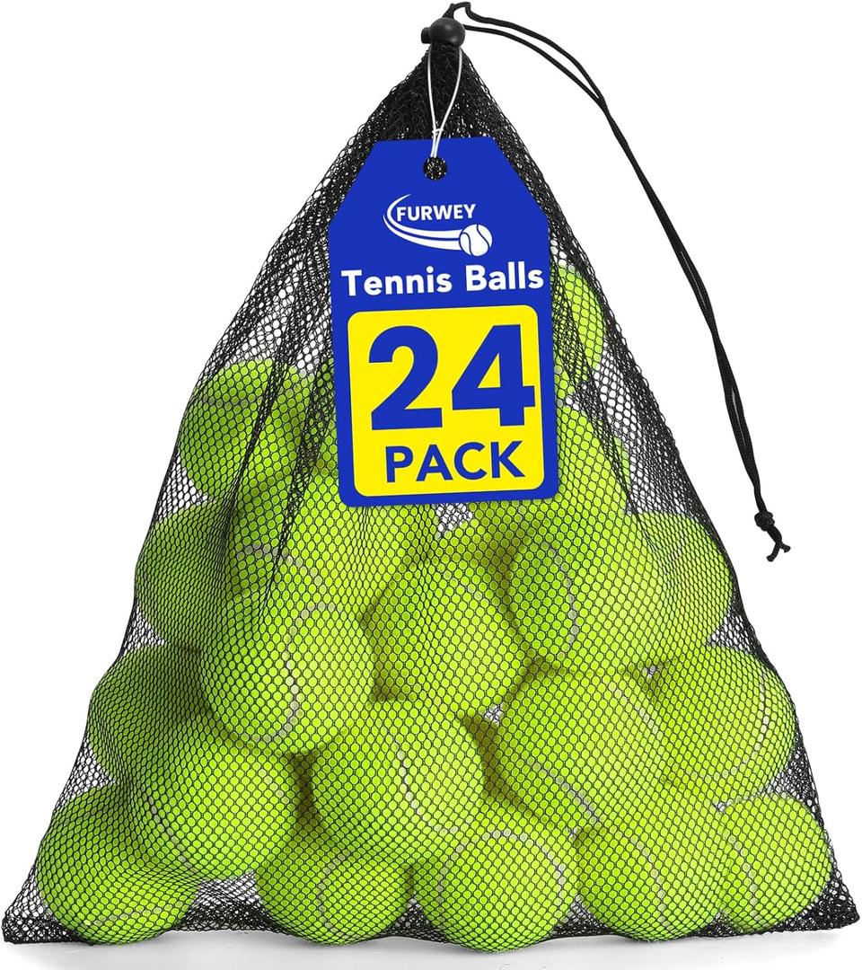 FURWEY 24 Pack Tennis Balls, Thickened Tennis with Mesh Bag for Transport, High Elasticity Training Balls for Beginner, Playing Balls for Dogs
