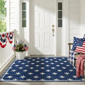 3x5ft Patriotic Outdoor Rug Waterproof Plastic Straw Patio Mat Reversible Red White and Blue Striped Area Rug for Camping RV Porch Deck Backyard 4th of July Independence Day Decorations(Star)