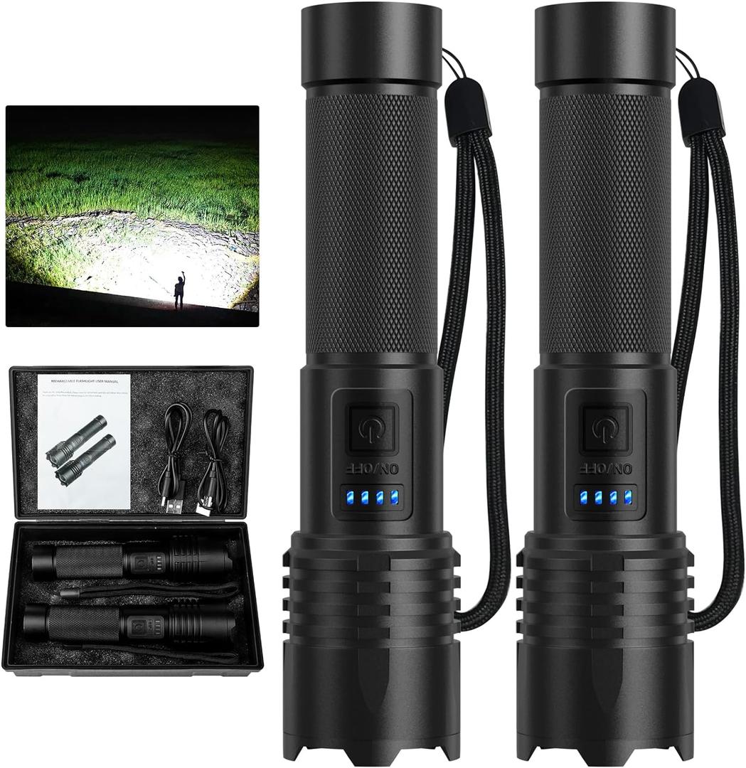 LED Flashlights High Lumens Rechargeable, 90000 Lumens Super Bright Flash Light Brightest Flashlight, 3 Modes IPX7 Waterproof, High Powered Tactical Flashlights for Camping Emergencies (2 Pack) (Black)